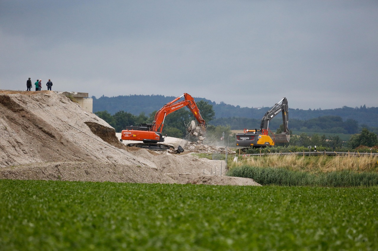excavators, demolition, bridge, site, destroying, wrecking, construction equipment, heavy machinery, construction workers
