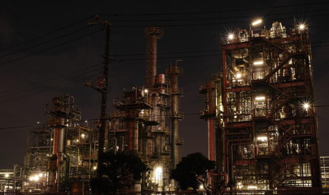 plant, nature, night view, industrial, pipe, refinery, building